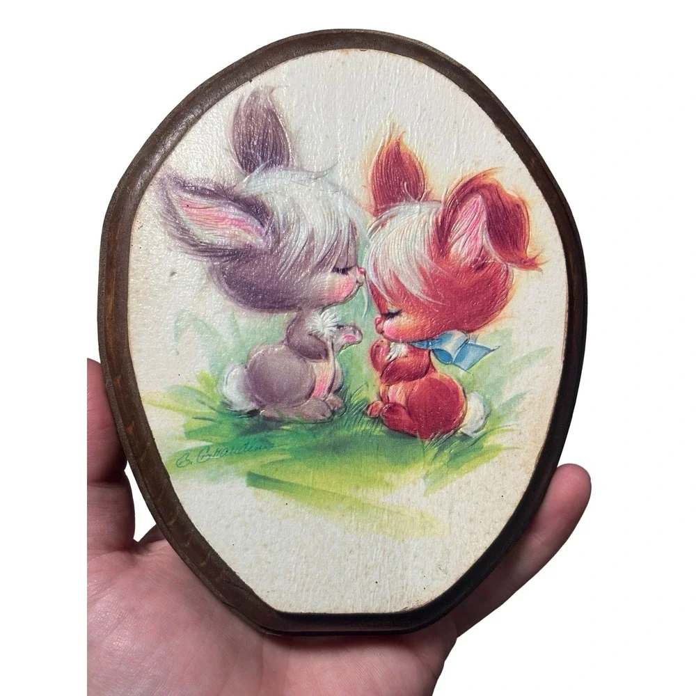 Vintage Kitsch G. Grandini Bunny Wood Plaque‎ Wall Decor Nursery Decor